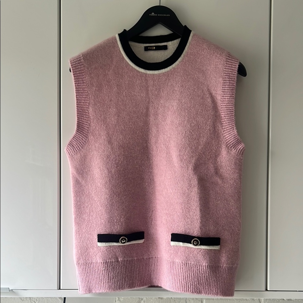 NEW! Maje Pink Sleeveless Sweater Vest with Navy Blue Trim